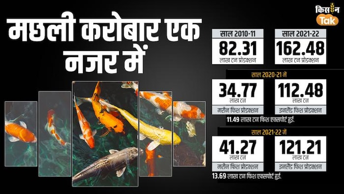 फिश एक्सपोर्ट और प्रोडक्शन के आंकड़ों पर एक नजर. ग्राफिक क्रेडिट- संदीप सिंह