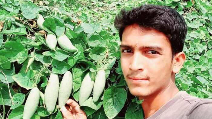 खेत में लगे परवल दिखाता सोनू. फोटो क्रेडिट-सोनू निगम