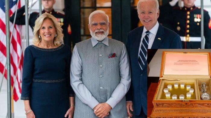 पीएम मोदी अमेरिका के राष्ट्रपति जो बाइडेन और उनकी पत्नी के साथ, इंसर्ट में दान वाला बॉक्स। फोटो साभार ट्वि्टर