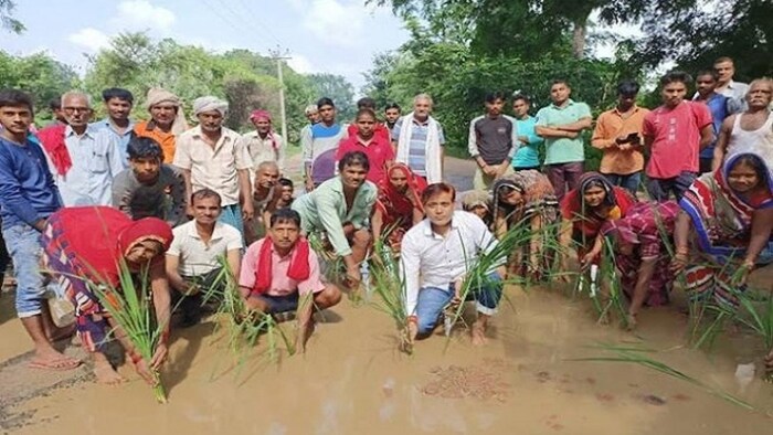 नाराज किसानों ने सड़क पर की धान की रोपाई