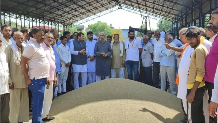 रेवाड़ी मंडी में बाजरे खरीद का इंतजार करते किसान फोटोः किसान तक