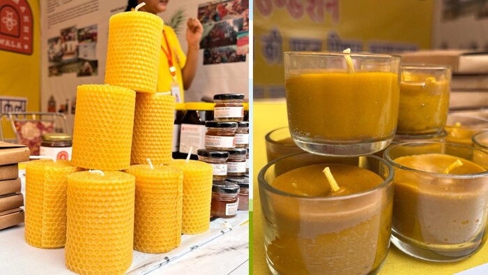 मधुमक्खी के वैक्स से तैयार किए गए कई रंग बिरंगी कैंडिल (Photo-Kisan Tak)