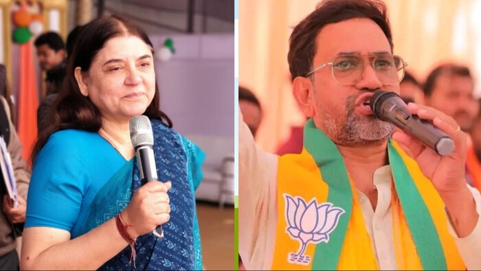 पूर्व केंद्रीय मंत्री मेनका गांधी और भोजपुरी फिल्म अभिनेता दिनेश लाल यादव निरहुआ (फोटो-किसान तक)