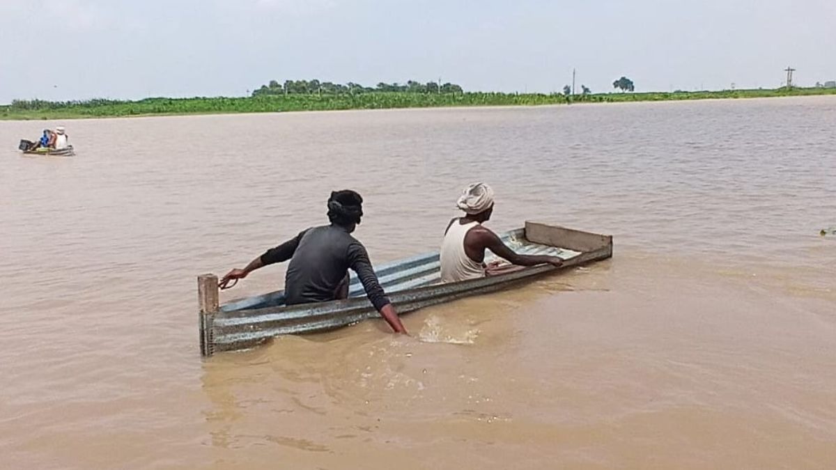 पटना में गंगा नदी का बढ़ा जलस्तर, तो फसलें बचाने के लिए किसानों ने बनाई ली जुगाड़ की नाव