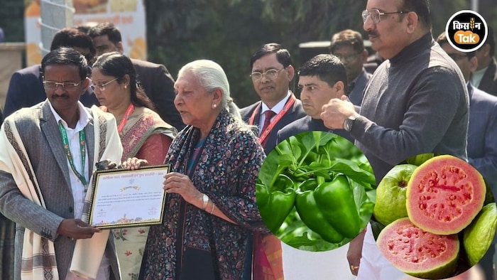 राज्यपाल आनंदीबेन पटेल ने किसान राजित राम की पीठ थपथपाई और उन्हें सम्मानित किया