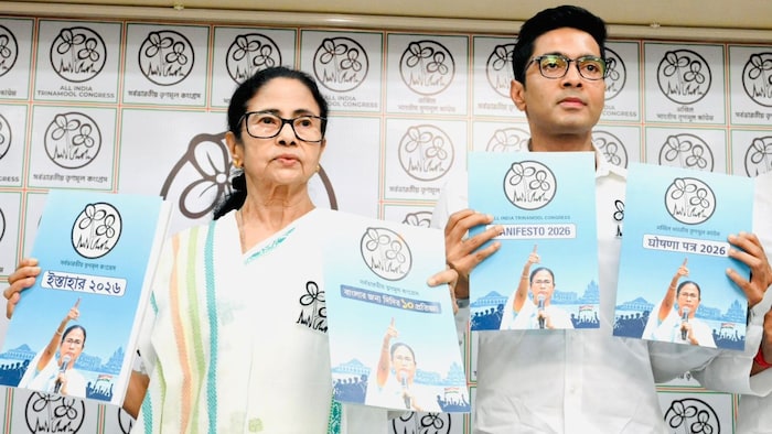 Mamata Banerjee and nephew Abhishek release Trinamool Congress's poll manifesto for Bengal elections.