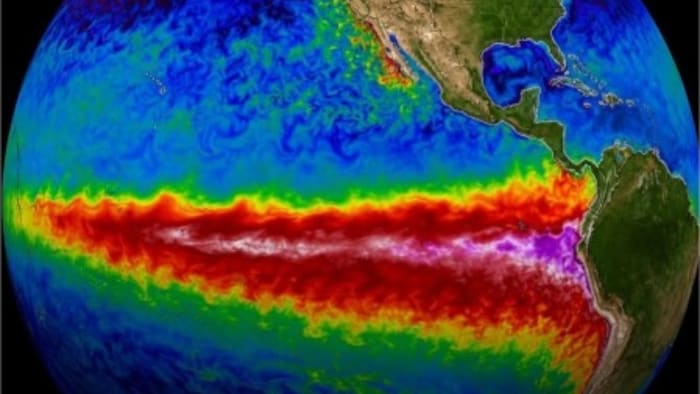 Warm water glows across the central Pacific in satellite imagery, the ocean signature behind every so-called Godzilla El Nino. (Photo: X/GIF: Nasa)