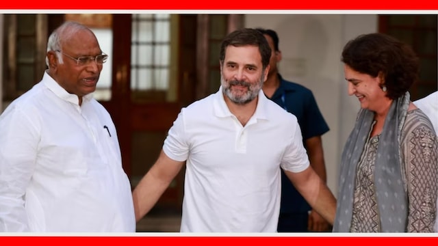 काँग्रेस अध्यक्ष मल्लिकार्जून खरगे, राहुल गांधी आणि प्रियांका गांधी.