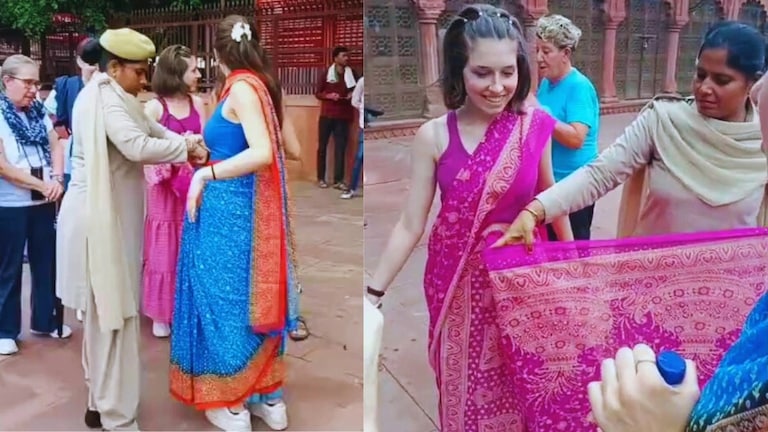 Viral Video: परदेशी तरुणींच्या साड्या सुटल्या, आपल्या पोलिसांनी केली सगळी मदत! Tourist At Taj Mahal Viral Video