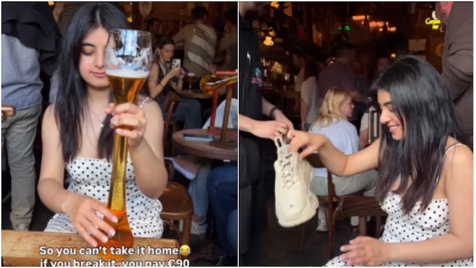 viral video young woman chugs down beer in one go give me your shoes take beer this bet at bar is quite sensation