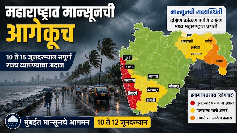 Maharashtra Weather: उशिरा आला पण वेगानं पुढे सरकला, कोकणात तर आला पण... monsoon update 2026 heavy rains strong winds in 11 districts heavy rain weather set to change shortly