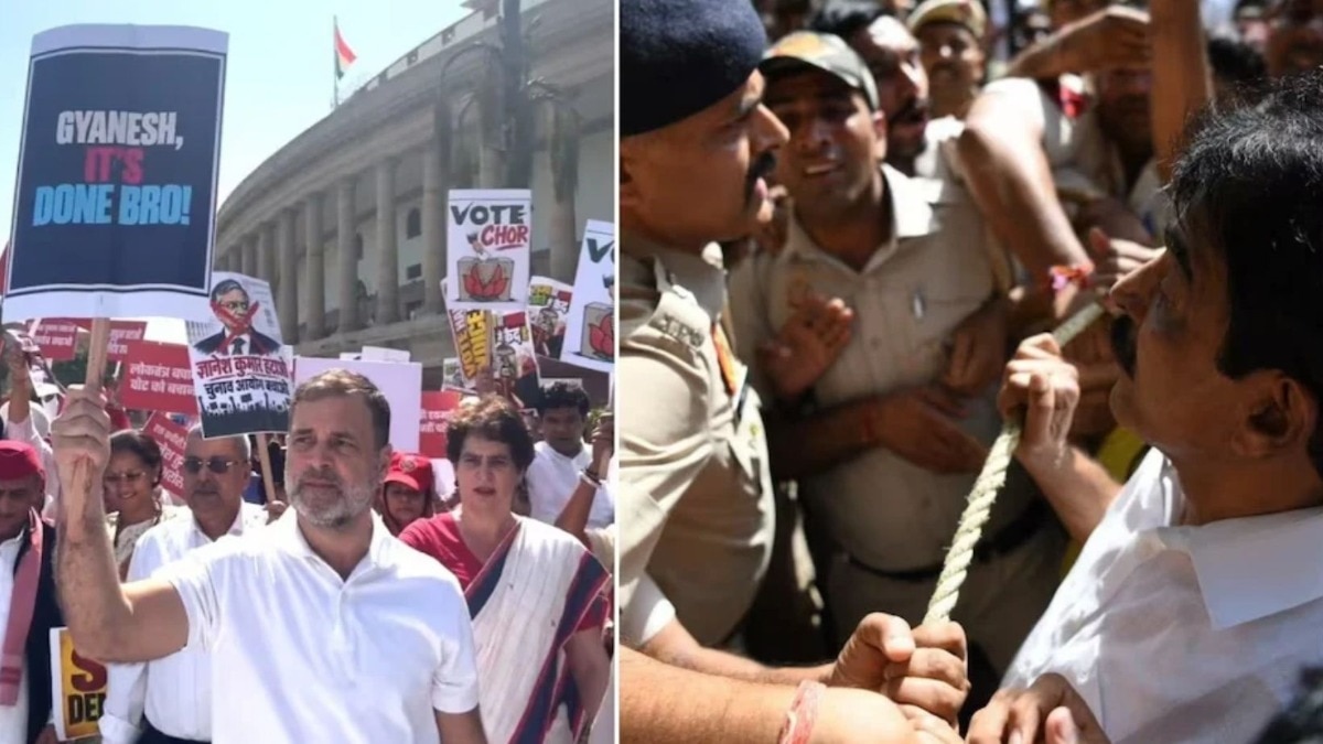 राहुल गांधी बॅरिकेडवर चढले, प्रियांका गांधी पोलिसांच्या ताब्यात; निवडणूक आयोगाच्या कार्यालयाजवळ राडा 