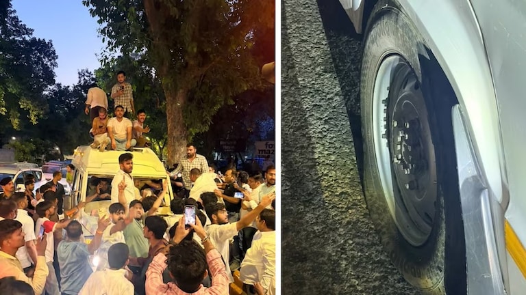 काँग्रेस कार्यकर्त्यांनी पोलिसांना दाखवला कात्रजचा घाट, राहुल गांधींना घेऊन जाणारी बसच केली पंक्चर rahul gandhi detained jantar mantar protest congress workers puncture police bus