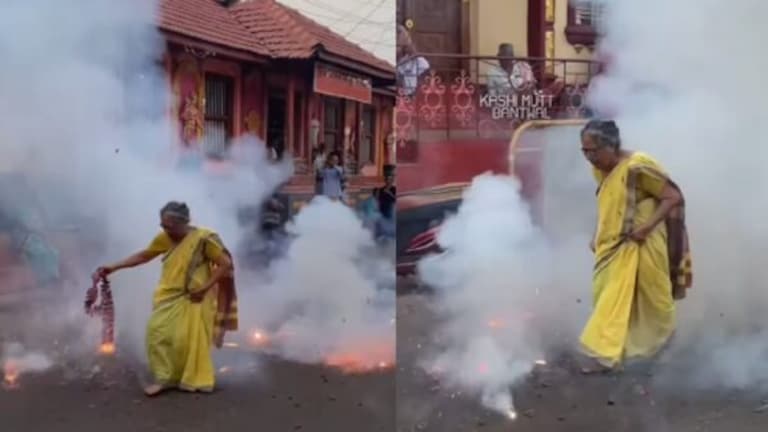 Viral Video: फायर आजी! फटाक्यांची पेटती माळ घेऊन उतरल्या रस्त्यावर… grand mother playing with firecrackers video viral