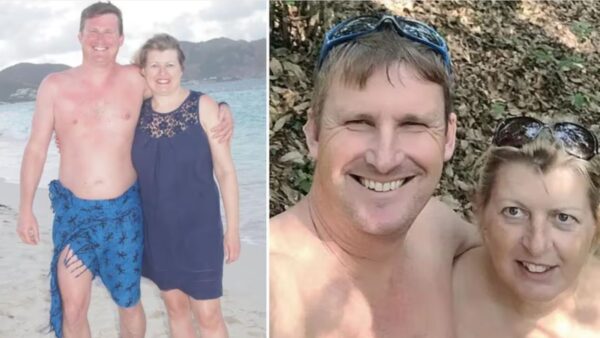 British couple Fiona and her husband Michael Discom love to travel nude around the world