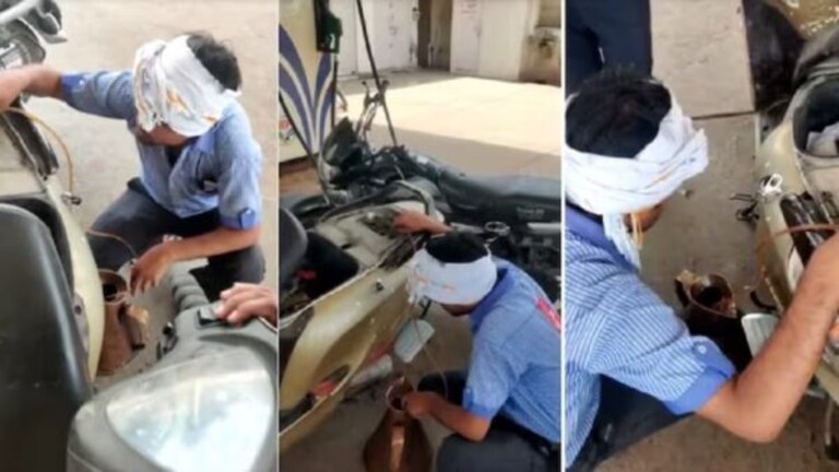 Viral Video: हद्दच झाली… 2000 ची नोट पाहिली अन् बाइकच्या टाकीत भरलेलं पेट्रोलच घेतलं काढून! petrol pump worker drains out fuel from vehicel after man gives 2000 note viral video