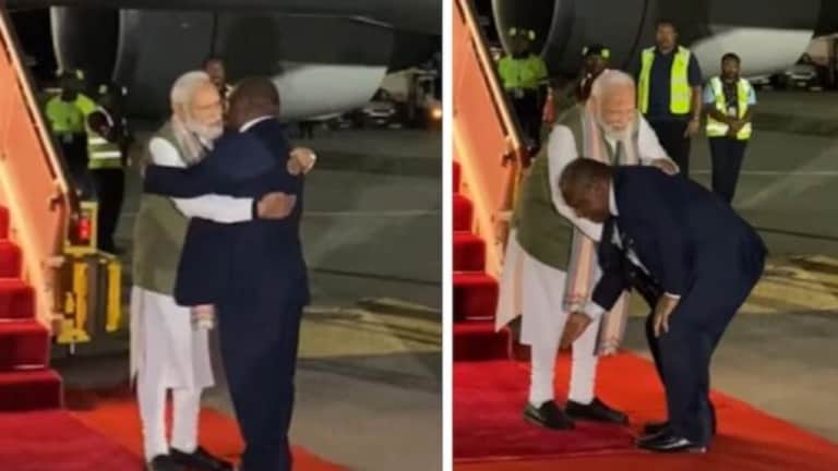 पंतप्रधानांसमोर झुकले, जुनी परंपराही मोडली, मोदींसाठी देशाने ‘हा’ नियम मोडला papua new guineas james marape touched pm modi feet and changed its rules to accord exceptional ceremonial