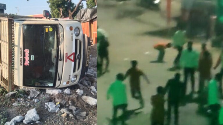 Ahmednagar : शेवगावमध्ये दोन गट भिडले! तुफान दगडफेक, वाहनांची तोफफोड Maharashtra News : stone pelting in shevgaon ahmednagar : Another group pelted stones on this procession which started at 5.30 pm. The dispute escalated and both groups started pelting stones at each other.