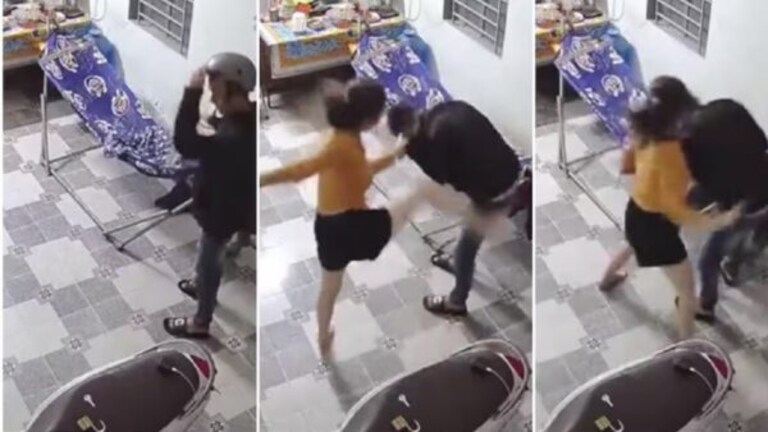 Video:नवरा कामावरून घरी आला अन् बायकोने लाथा बुक्यांनी धु धु धुतलं wife beating husband after came home video viral