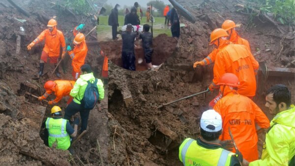 Irshalwadi landslide rescue operation latest update : ndrf take dog squad help for search.