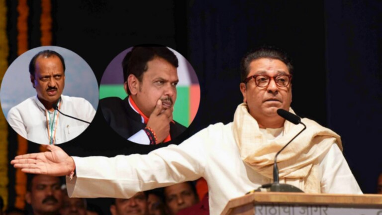 Ajit Pawar : पवारांची नक्कल, भाजपला घेतलं फैलावर; ठाकरेंनी धुतलं raj thackeray attacks on devendra fadnavis ajit pawar in his panvel rally speech.