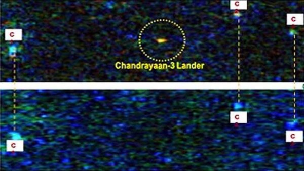 Chandrayan 3 In the photo taken on September 6, 2023, the moon's surface appears blue, green and dark black. In the middle of this, our Vikram Lander is visible in a yellow circle, with yellow light.