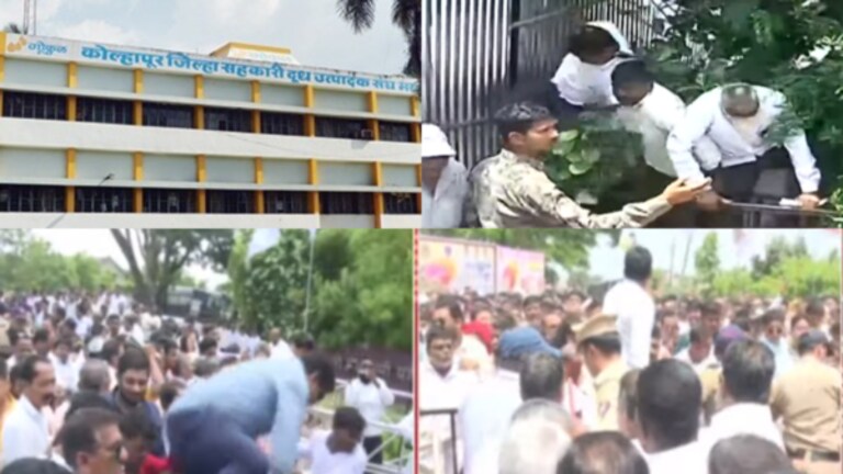 Gokul Dudh Sangh Meeting : बॅरिकेट्स तोडण्याचा… गोकुळच्या सभेत राडा, प्रकरण काय? Confusion at the Annual General Meeting of Gokul District Milk Union at Kolhapur. Mahadik's supporters tried to break the barricades.