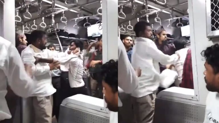 Viral Video : लोकलमध्ये घडले Slap War, कॉलर पकडत एकमेकांची कानशिलं केली लाल… Mumbai local train grabbed each other collars and fought two passengers slapped each other. This slap war viral on social media