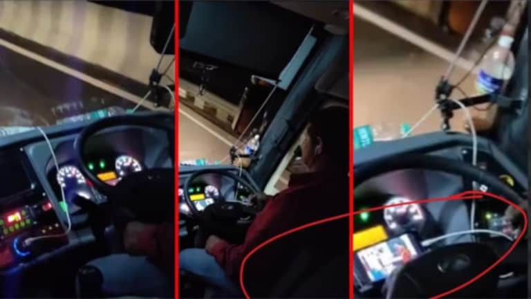 Samruddhi Mahamarg : वेगात बस अन् चालक मोबाईलवर पाहतोय कार्यक्रम; पहा Video samruddhi mahamarg news : Bus and driver watching video on mobile at high speed, video went viral on social media