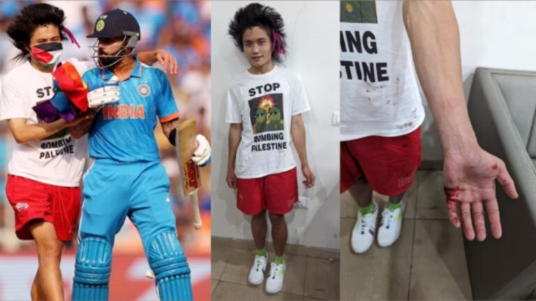World Cup 2023 Final: मैदानात घुसला, कोहलीला मारली मिठी; तो पॅलेस्टाईन समर्थक कोण? A Palestine supporter suddenly entered the field and went near Virat Kohli and caught hold of him from behind while ind vs australia matach.