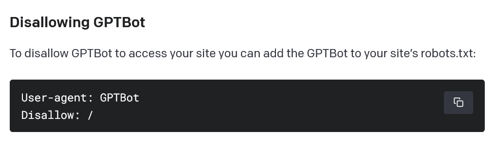 Instructions to 'disallow' GPTbot for ChatGPT users. Source: OpenAI