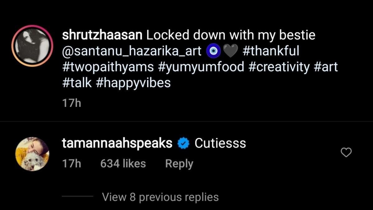 Tamannaah called Shruti Haasan and Santanu Hazarika 'cuties' on Instagram.