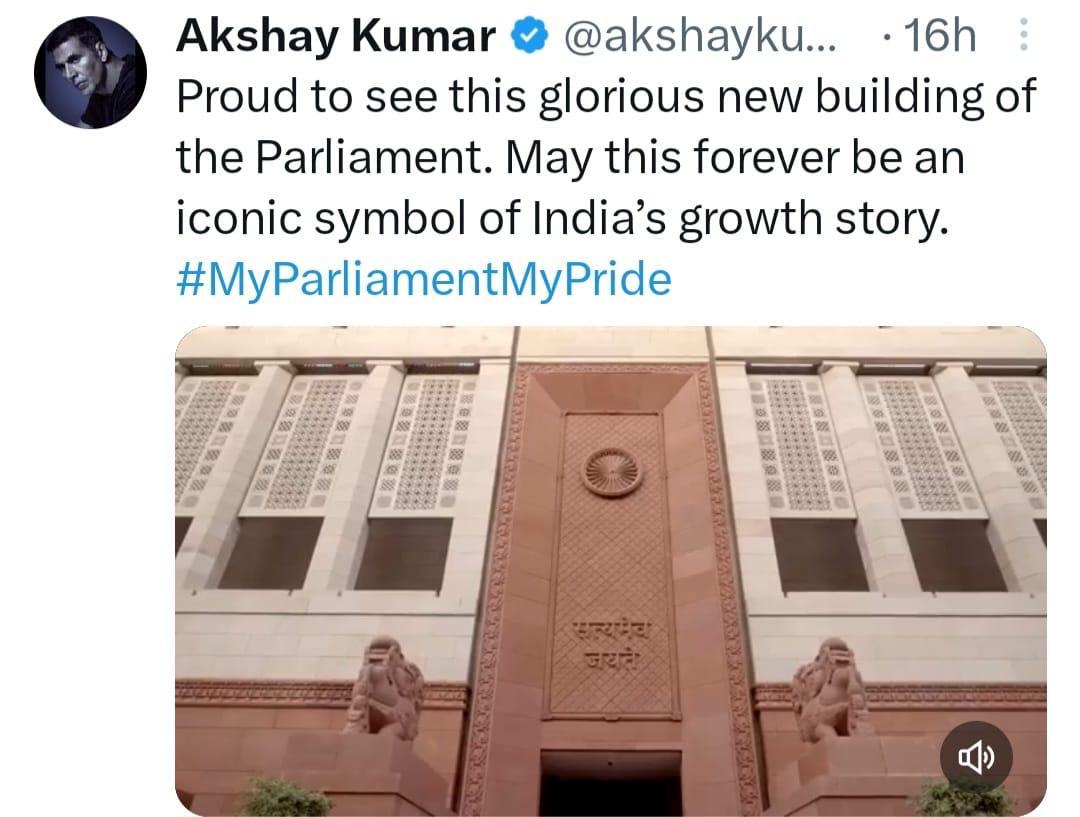 Akshay Kumar ने भी नए संसद की वीडियो Twitter पर साझा कीया