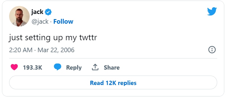 Jack Dorsey tweet on 22 March 2006, day after introducing Twitter