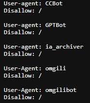A snippet of NYT robot.txt shows it has disabled GPTbot.