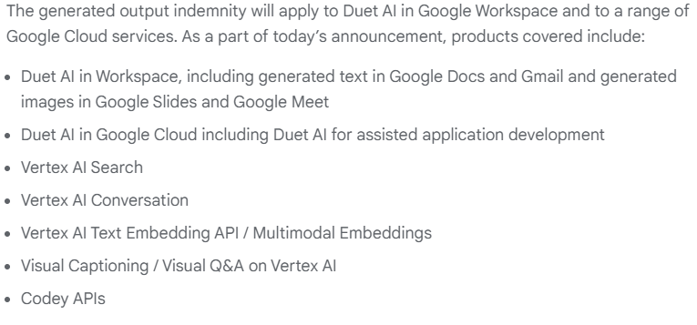 List of services in which generated output indemnity will apply.(Photo: Google Blog)