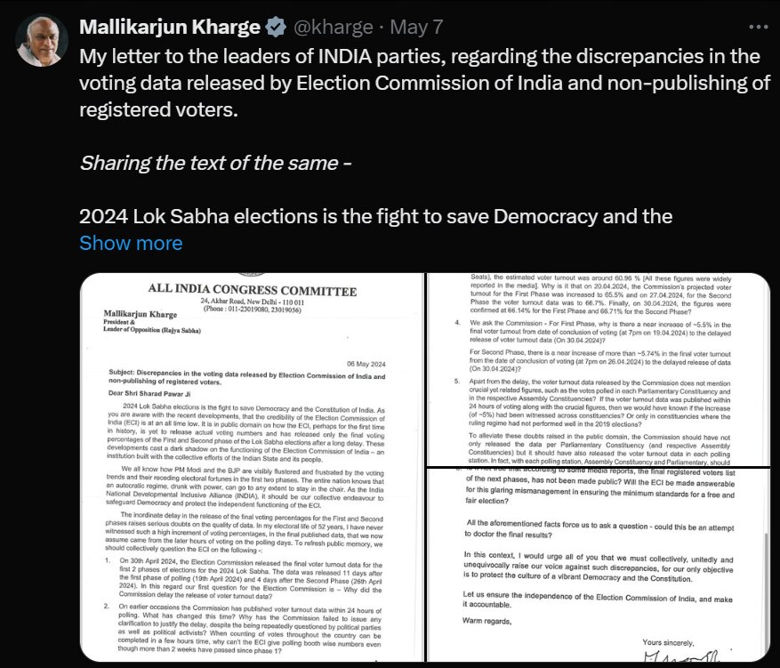 मल्लिकार्जुन खड़गे ने इंडिया ब्लॉक के नेताओं को लिखी चिट्ठी ट्विटर पर भी साझा की थी