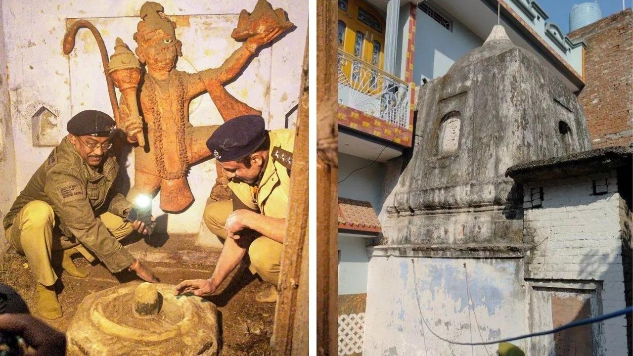 सोशल मीडिया पर इन दो तस्वीरों को शेयर कर दावा किया जा रहा है कि संभल दंगे के बाद से ही ये मंदिर बंद है