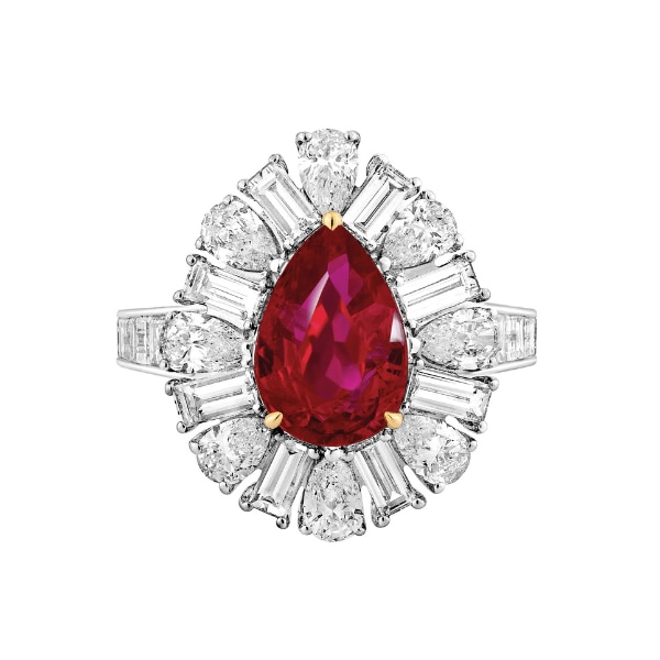 Scarlet Pear and Baguette Diamond Ring, Arayian Jewellery x Gemfields