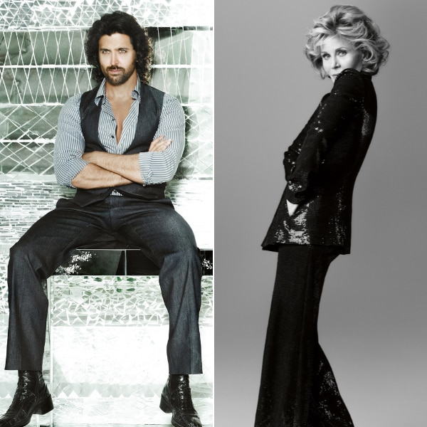 Hrithik Roshan wearing Giorgio Armani for Bazaar India cover story in 2010 & Jane Fonda in an Armani ensemble for a Harper’s Bazaar shoot in 2017