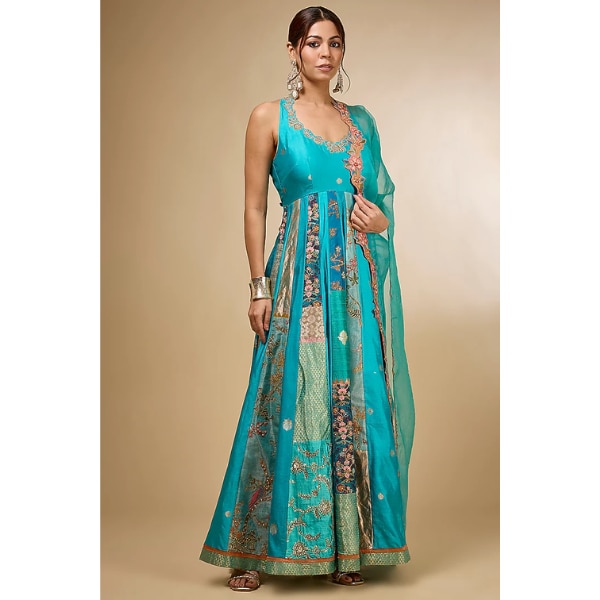 Aum Ashima & Asit Turquoise Silk Zardosi Embroidered Kalidar Anarkali Set, ₹73,000