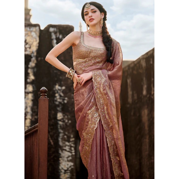 Lashkaraa Dusty Rose Embroidered Tissue Silk Saree, ₹15,700