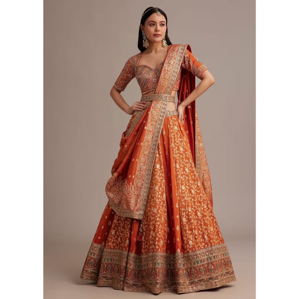 Rust Orange Tissue Lehenga Set With Resham Zari And Sequins Work, ₹35,995