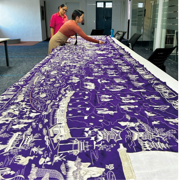 Ashdeen Lilaowala and Bhasha Chakrabarti conceived a monumental embroidered sari in raw silk that functions almost like a cartographic narrative.