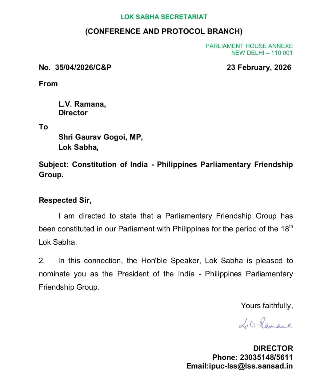 Gaurav Gogoi appointed chairman of India-Philippines Parliamentary Friendship Group