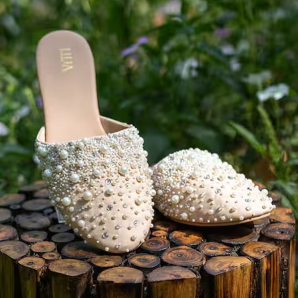 House Of Vitti Beige Pearl Embellished Mules, ₹5,190