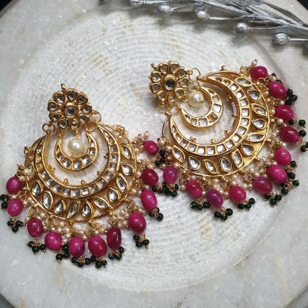 Jaipri Hot Pink Kundan Oversized Chandbali Earrings, ₹3,500