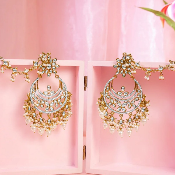Rubans Pearl Cluster Kundan Chandbali with Ear Chain, ₹2,800