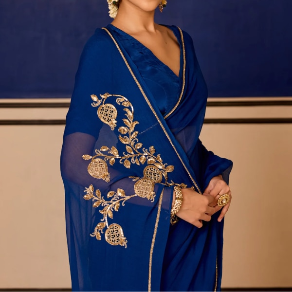 Aachho Abha Blue Handcrafted Chiffon Saree, ₹17,298