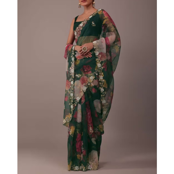 Deep Green Floral Printed Saree In Organza With Cut Dana Butti All Over, ₹7,995